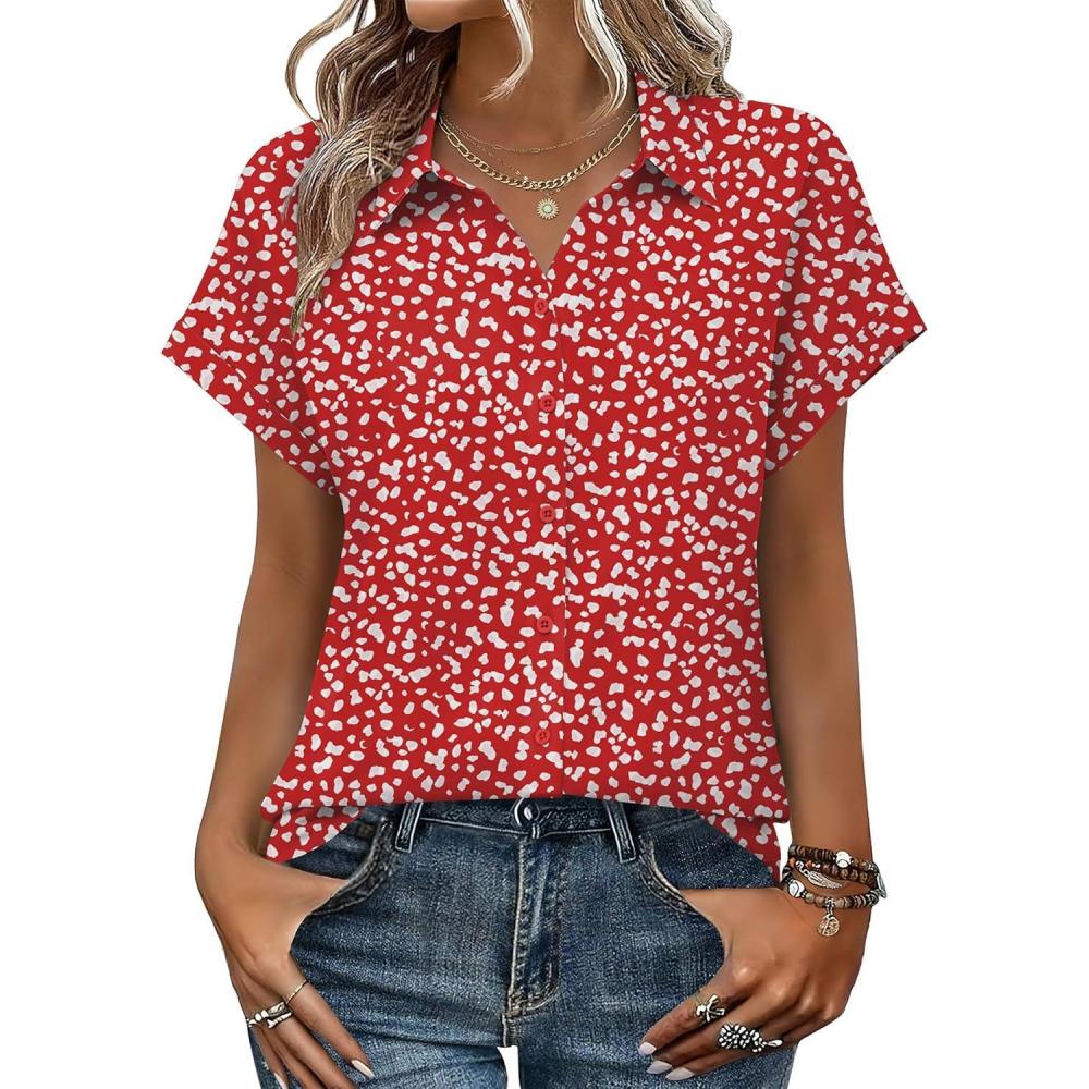 imageZeagoo Womens Tops Short Sleeve Shirts Button Down Casual Blouses V Neck Outfits Summer Spring Clothes 2026Polka Dot White