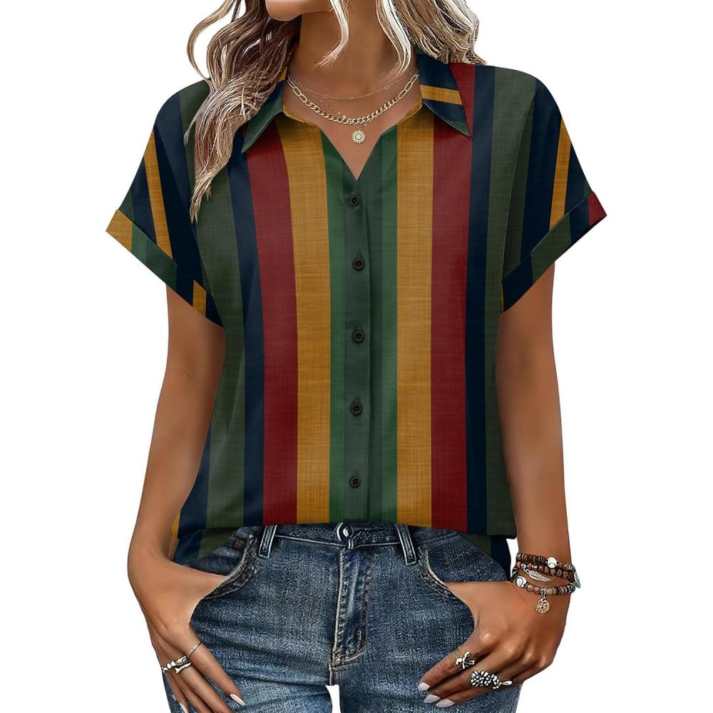 imageZeagoo Womens Tops Short Sleeve Shirts Button Down Casual Blouses V Neck Outfits Summer Spring Clothes 2026Stripe2