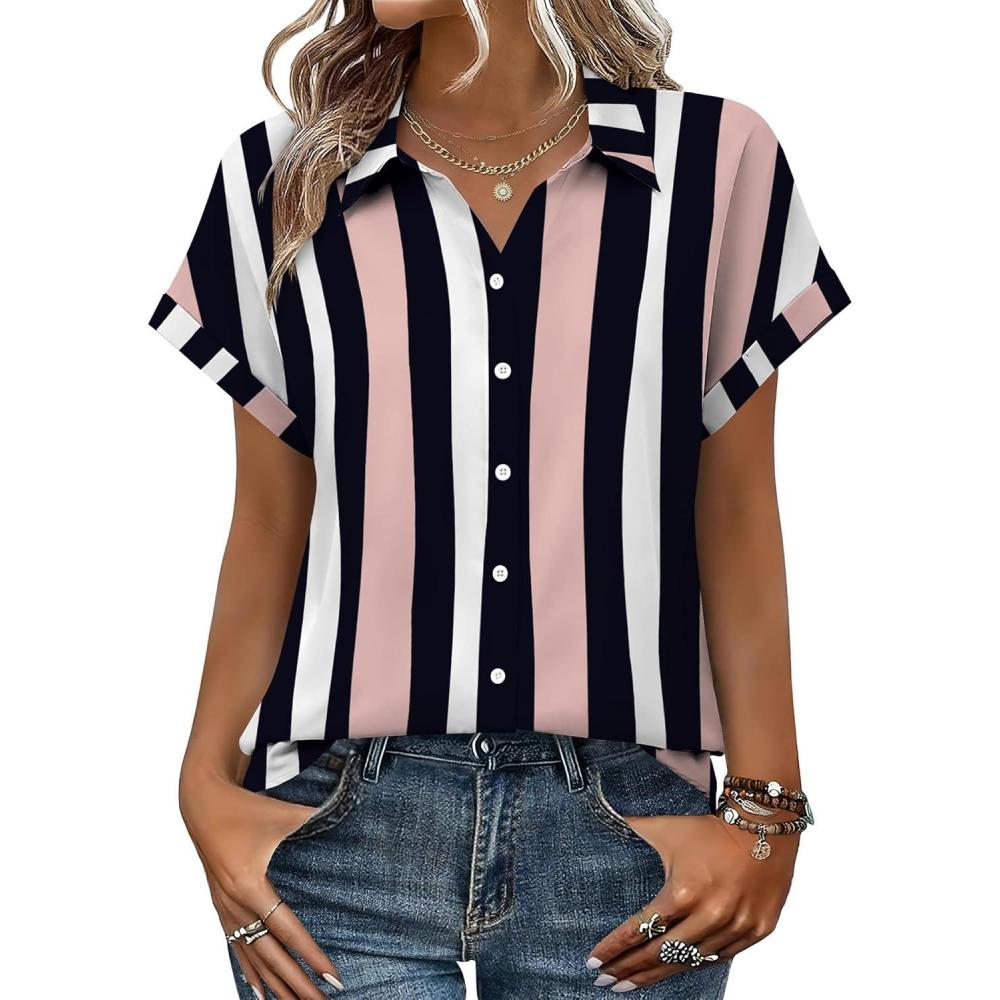imageZeagoo Womens Tops Short Sleeve Shirts Button Down Casual Blouses V Neck Outfits Summer Spring Clothes 2026Stripe3