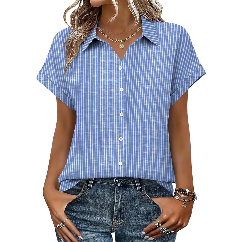 imageZeagoo Womens Tops Short Sleeve Shirts Button Down Casual Blouses V Neck Outfits Summer Spring Clothes 2026Stripe4