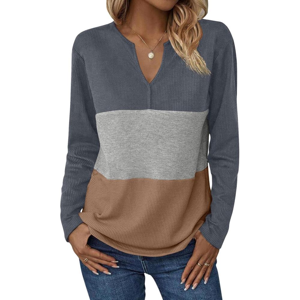 imageZeagoo Womens Waffle Shirts V Neck Long Sleeve Tops Color Block TShirts Casual Pullover Tunics 2025 Fashion Basic TeesAcharcoalGrayBrown