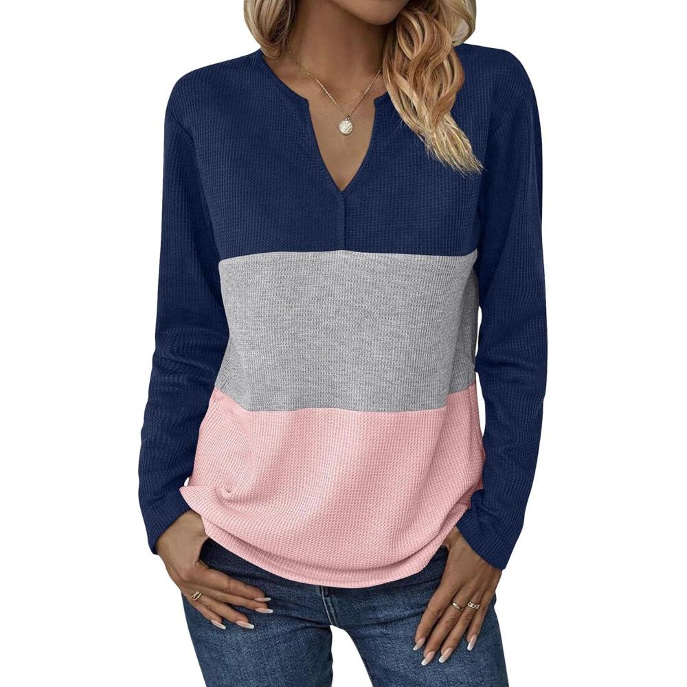 imageZeagoo Womens Waffle Shirts V Neck Long Sleeve Tops Color Block TShirts Casual Pullover Tunics 2025 Fashion Basic TeesAnavy BlueGrayPink