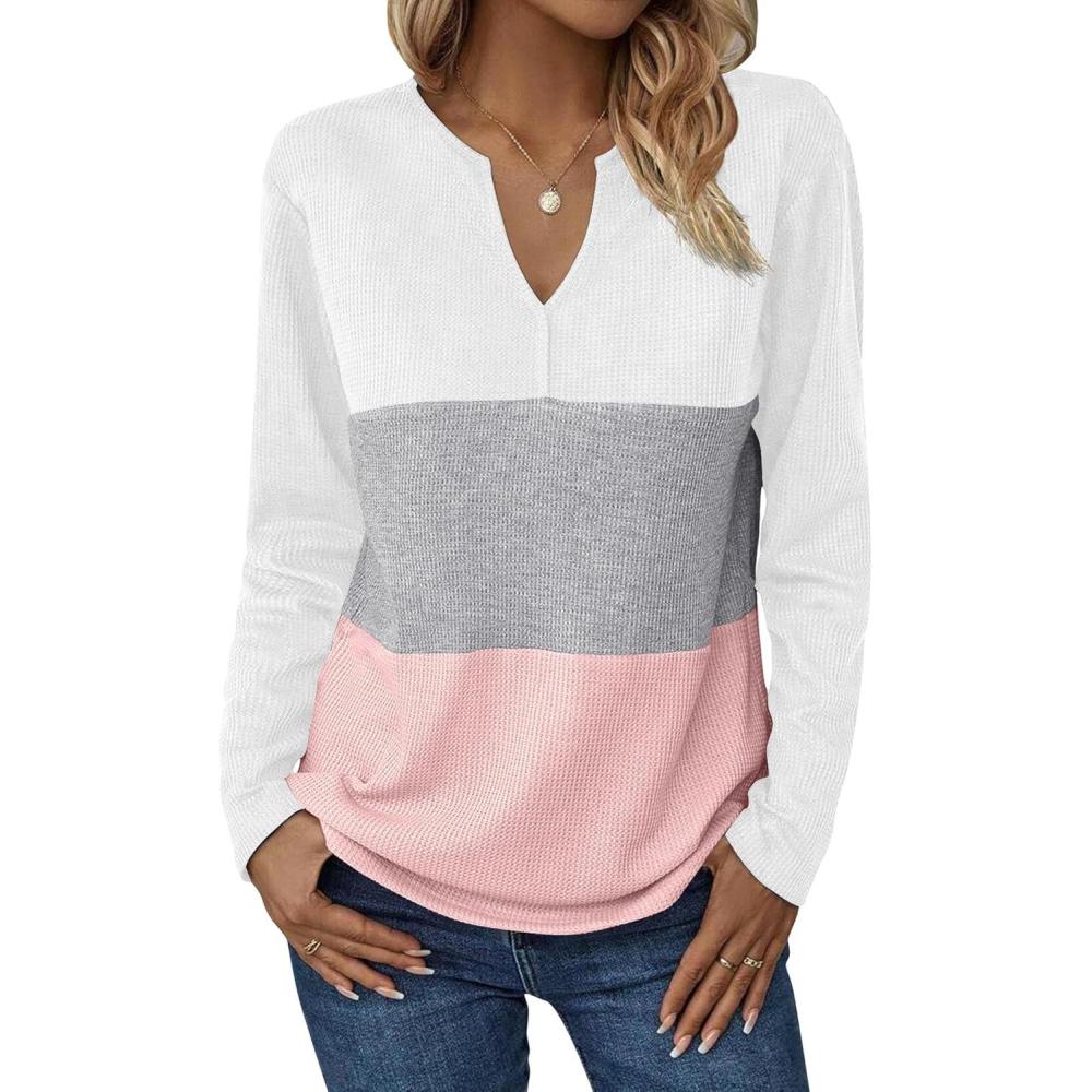 imageZeagoo Womens Waffle Shirts V Neck Long Sleeve Tops Color Block TShirts Casual Pullover Tunics 2025 Fashion Basic TeesAwhiteGrayPink