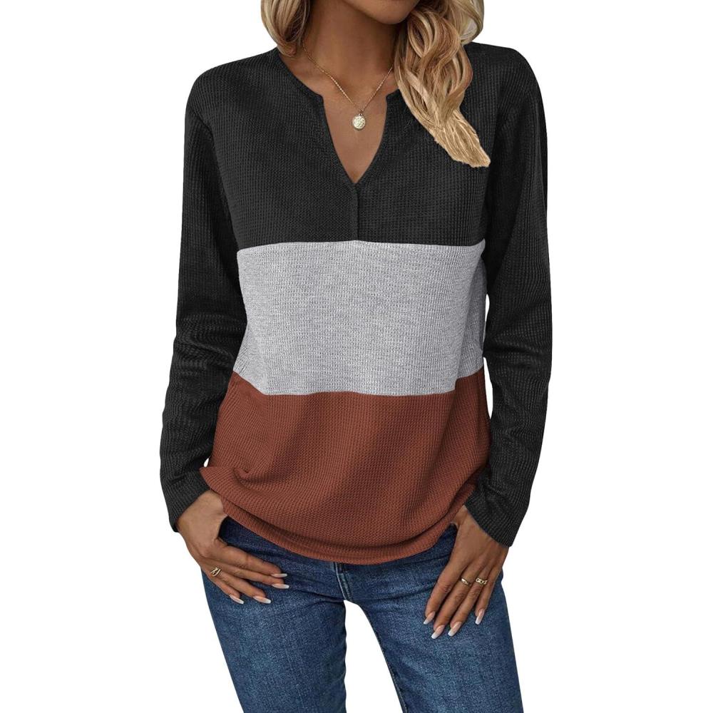 imageZeagoo Womens Waffle Shirts V Neck Long Sleeve Tops Color Block TShirts Casual Pullover Tunics 2025 Fashion Basic TeesBlackGrayCaramel