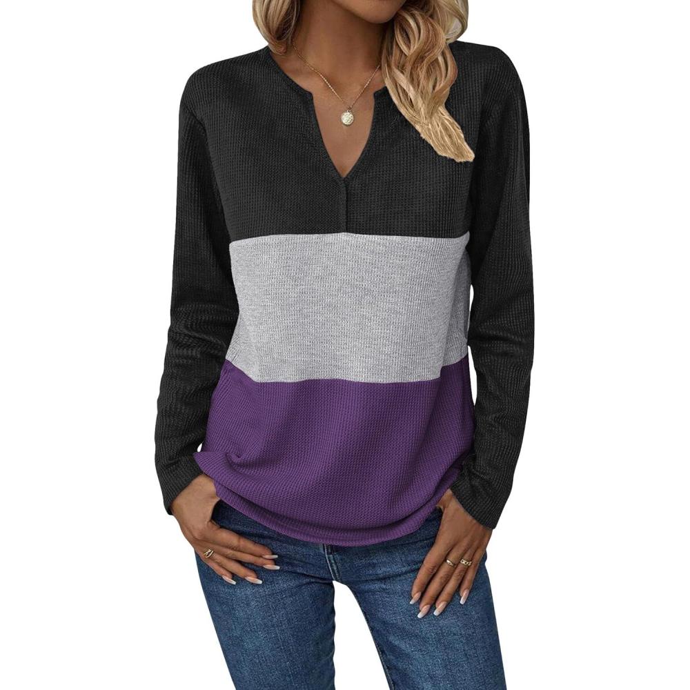 imageZeagoo Womens Waffle Shirts V Neck Long Sleeve Tops Color Block TShirts Casual Pullover Tunics 2025 Fashion Basic TeesBlackGrayPurple