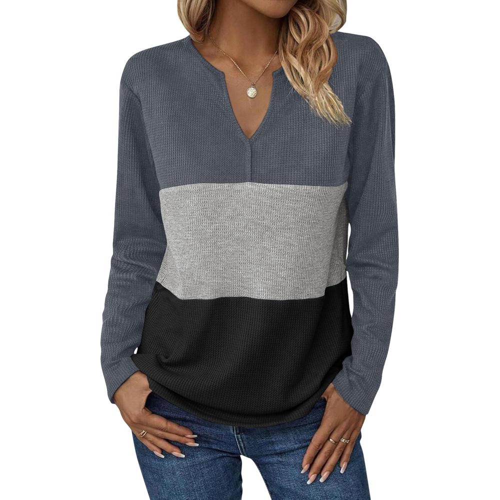 imageZeagoo Womens Waffle Shirts V Neck Long Sleeve Tops Color Block TShirts Casual Pullover Tunics 2025 Fashion Basic TeesCharcoalGrayBlack