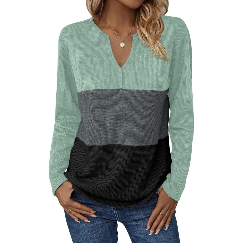 imageZeagoo Womens Waffle Shirts V Neck Long Sleeve Tops Color Block TShirts Casual Pullover Tunics 2025 Fashion Basic TeesMintCharcoalBlack
