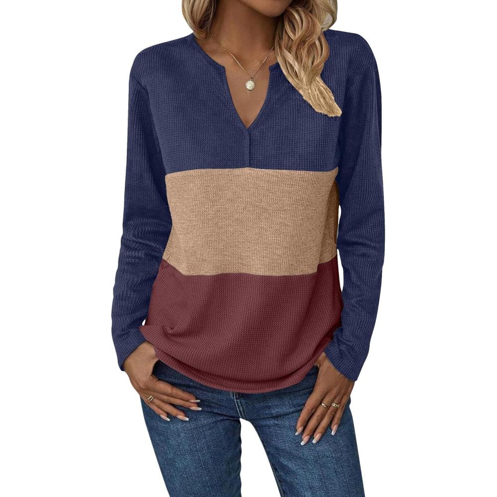 imageZeagoo Womens Waffle Shirts V Neck Long Sleeve Tops Color Block TShirts Casual Pullover Tunics 2025 Fashion Basic TeesNavy BlueBrownRed