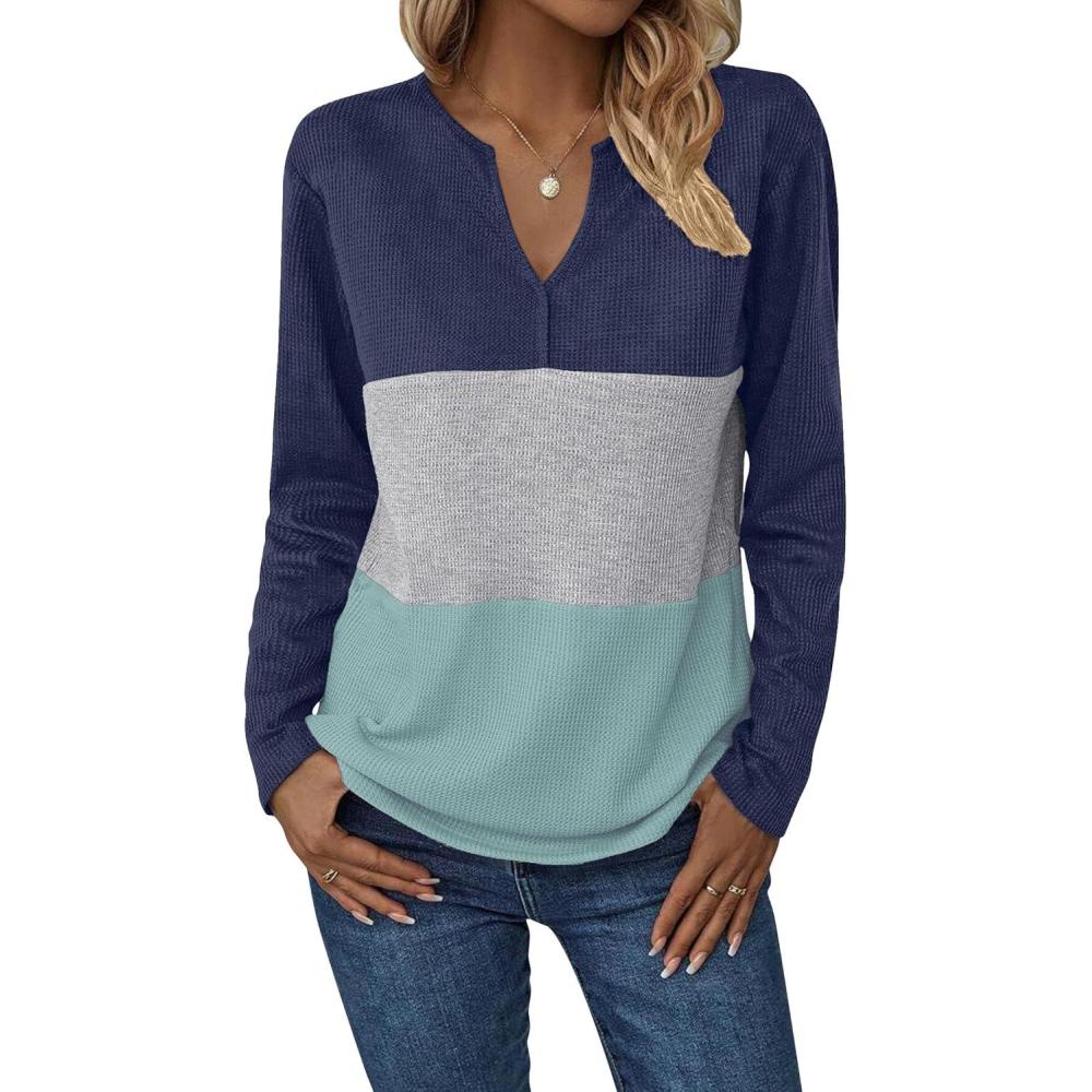 imageZeagoo Womens Waffle Shirts V Neck Long Sleeve Tops Color Block TShirts Casual Pullover Tunics 2025 Fashion Basic TeesNavy BlueGrayGreen