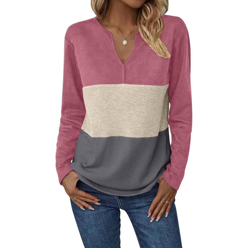 imageZeagoo Womens Waffle Shirts V Neck Long Sleeve Tops Color Block TShirts Casual Pullover Tunics 2025 Fashion Basic TeesPink PurpleBeigeDark Gray