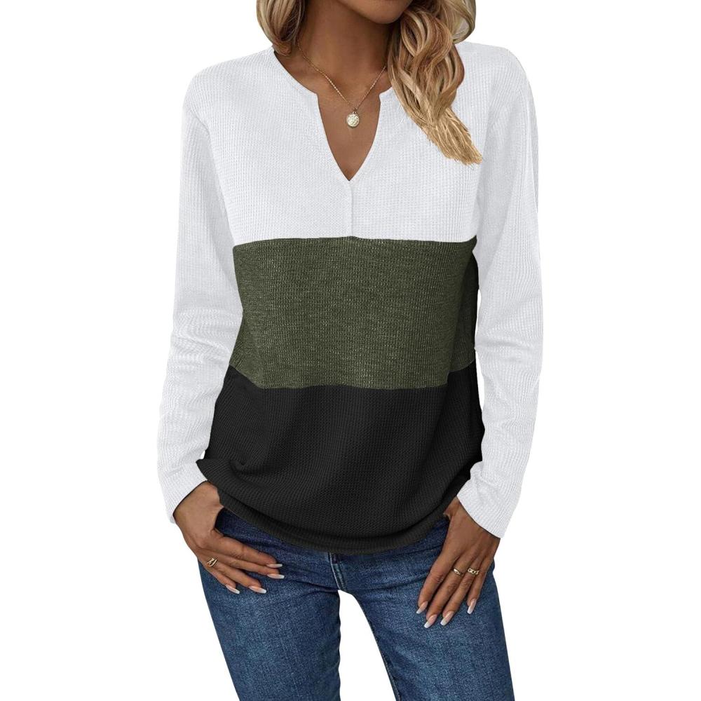 imageZeagoo Womens Waffle Shirts V Neck Long Sleeve Tops Color Block TShirts Casual Pullover Tunics 2025 Fashion Basic TeesWhiteArmy GreenBlack