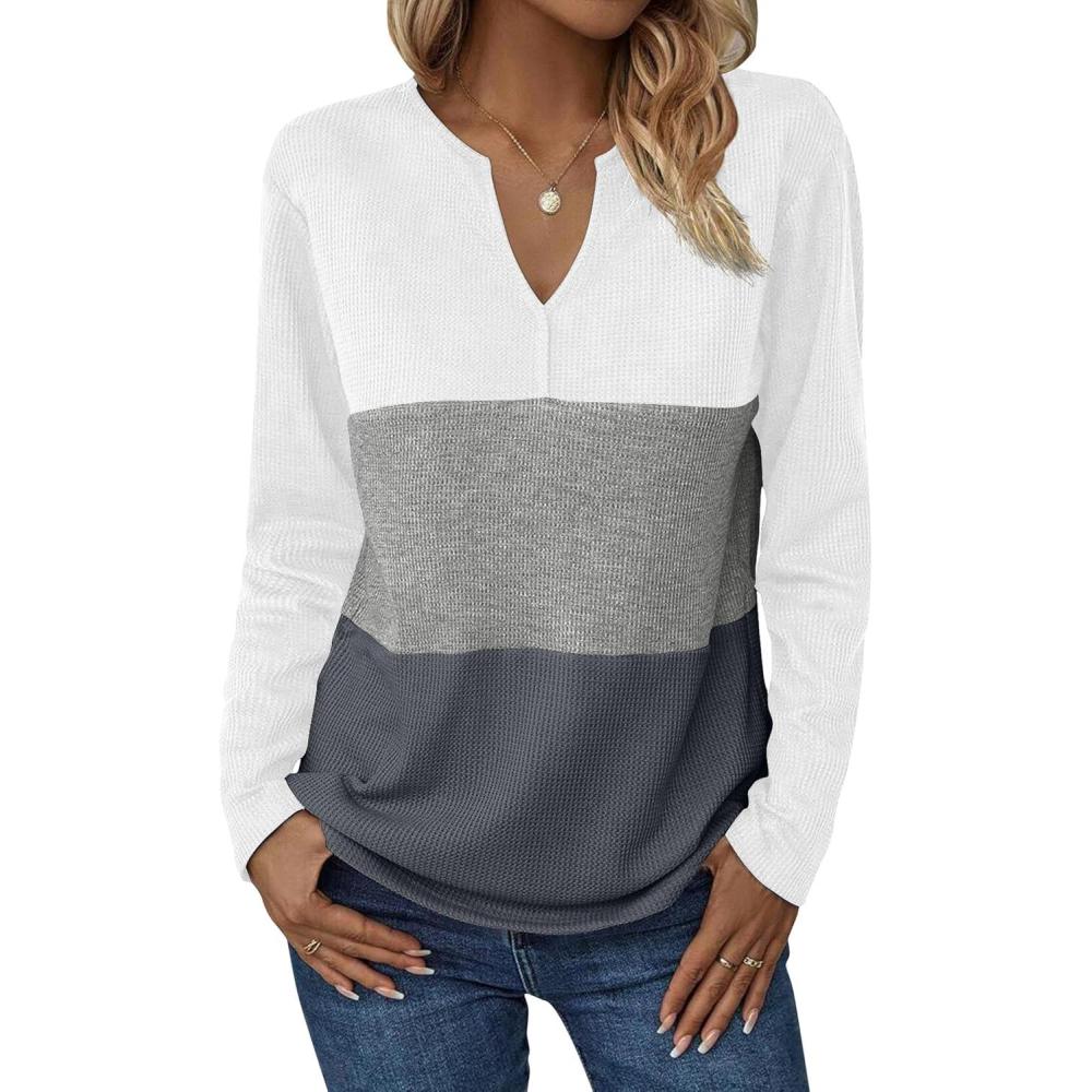 imageZeagoo Womens Waffle Shirts V Neck Long Sleeve Tops Color Block TShirts Casual Pullover Tunics 2025 Fashion Basic TeesWhiteGrayCharcoal