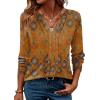 ZEAGOO Womens Spring Tops Henley V Neck Shirts Long Sleeve Pleated Blouses Dressy Casual Tunic 2026 Basic Tees(Ethnic Caramel Brown)