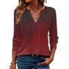 ZEAGOO Womens Spring Tops Henley V Neck Shirts Long Sleeve Pleated Blouses Dressy Casual Tunic 2026 Basic Tees(Grey Red Print)
