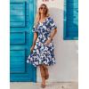ZEAGOO Women’s Summer Dresses Midi Tiered Casual Dress Floral V Neck Ruffle Short Sleeve Flowy Beach Dress with Pockets(Blue White Floral)