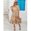 ZEAGOO Women’s Summer Dresses Midi Tiered Casual Dress Floral V Neck Ruffle Short Sleeve Flowy Beach Dress with Pockets(Orange Floral)