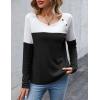 Zeagoo Women Waffle Knit Shirts Long Sleeve Colorblock Tee Button Detail Tunics(Black)