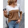 Zeagoo Women Waffle Knit Shirts Long Sleeve Colorblock Tee Button Detail Tunics(Light Brown)