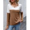 Zeagoo Women Waffle Knit Shirts Long Sleeve Colorblock Tee Button Detail Tunics(Light Brown)