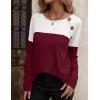 Zeagoo Women Waffle Knit Shirts Long Sleeve Colorblock Tee Button Detail Tunics(White+burgundy)