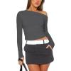 Zeagoo Womens Long Sleeve Off The Shoulder Casual Crop Tops Boat Neck Going Out Slim Fit Sexy T Shirts 2026(Dark Grey)