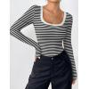 Zeagoo Women’s Long Sleeve Scoop Neck Shirts Casual Slim Fit Rib Knit Tops Summer Fall Basic Business Work Tee(Black White Stripe)
