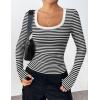 Zeagoo Women’s Long Sleeve Scoop Neck Shirts Casual Slim Fit Rib Knit Tops Summer Fall Basic Business Work Tee(Black White Stripe)