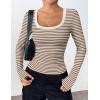 Zeagoo Women’s Long Sleeve Scoop Neck Shirts Casual Slim Fit Rib Knit Tops Summer Fall Basic Business Work Tee(Brown White Stripe)