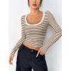 Zeagoo Women’s Long Sleeve Scoop Neck Shirts Casual Slim Fit Rib Knit Tops Summer Fall Basic Business Work Tee(Brown White Stripe)