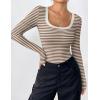 Zeagoo Women’s Long Sleeve Scoop Neck Shirts Casual Slim Fit Rib Knit Tops Summer Fall Basic Business Work Tee(Brown White Stripe)