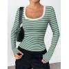 Zeagoo Women’s Long Sleeve Scoop Neck Shirts Casual Slim Fit Rib Knit Tops Summer Fall Basic Business Work Tee(Green White Stripe)