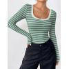 Zeagoo Women’s Long Sleeve Scoop Neck Shirts Casual Slim Fit Rib Knit Tops Summer Fall Basic Business Work Tee(Green White Stripe)
