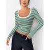 Zeagoo Women’s Long Sleeve Scoop Neck Shirts Casual Slim Fit Rib Knit Tops Summer Fall Basic Business Work Tee(Green White Stripe)