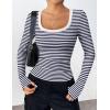 Zeagoo Women’s Long Sleeve Scoop Neck Shirts Casual Slim Fit Rib Knit Tops Summer Fall Basic Business Work Tee(Navy White Stripe)
