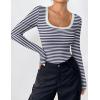 Zeagoo Women’s Long Sleeve Scoop Neck Shirts Casual Slim Fit Rib Knit Tops Summer Fall Basic Business Work Tee(Navy White Stripe)