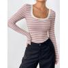Zeagoo Women’s Long Sleeve Scoop Neck Shirts Casual Slim Fit Rib Knit Tops Summer Fall Basic Business Work Tee(Pink White Stripe)