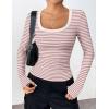 Zeagoo Women’s Long Sleeve Scoop Neck Shirts Casual Slim Fit Rib Knit Tops Summer Fall Basic Business Work Tee(Pink White Stripe)