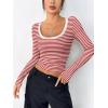 Zeagoo Women’s Long Sleeve Scoop Neck Shirts Casual Slim Fit Rib Knit Tops Summer Fall Basic Business Work Tee(Red White Stripe)