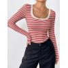 Zeagoo Women’s Long Sleeve Scoop Neck Shirts Casual Slim Fit Rib Knit Tops Summer Fall Basic Business Work Tee(Red White Stripe)