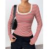 Zeagoo Women’s Long Sleeve Scoop Neck Shirts Casual Slim Fit Rib Knit Tops Summer Fall Basic Business Work Tee(Red White Stripe)