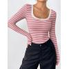 Zeagoo Women’s Long Sleeve Scoop Neck Shirts Casual Slim Fit Rib Knit Tops Summer Fall Basic Business Work Tee(Rosy Pink Stripe)