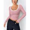 Zeagoo Women’s Long Sleeve Scoop Neck Shirts Casual Slim Fit Rib Knit Tops Summer Fall Basic Business Work Tee(Rosy Pink Stripe)