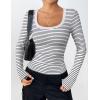 Zeagoo Women’s Long Sleeve Scoop Neck Shirts Casual Slim Fit Rib Knit Tops Summer Fall Basic Business Work Tee(White Black Stripe2)