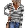 Zeagoo Womens Long Sleeve Shirts V-Neck Rib Knit Slim Fit Tops Casual Stretch Basic Tee Going Out Top Fall Fashion 2025(Black White Stripe)