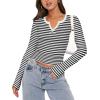Zeagoo Womens Long Sleeve Shirts V-Neck Rib Knit Slim Fit Tops Casual Stretch Basic Tee Going Out Top Fall Fashion 2025(Black White Stripe)