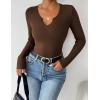 Zeagoo Womens Long Sleeve Shirts V-Neck Rib Knit Slim Fit Tops Casual Stretch Basic Tee Going Out Top Fall Fashion 2025(Brown)