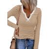 Zeagoo Womens Long Sleeve Shirts V-Neck Rib Knit Slim Fit Tops Casual Stretch Basic Tee Going Out Top Fall Fashion 2025(Caramel White Stripe)
