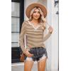 Zeagoo Womens Long Sleeve Shirts V-Neck Rib Knit Slim Fit Tops Casual Stretch Basic Tee Going Out Top Fall Fashion 2025(Caramel White Stripe)
