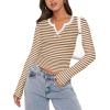 Zeagoo Womens Long Sleeve Shirts V-Neck Rib Knit Slim Fit Tops Casual Stretch Basic Tee Going Out Top Fall Fashion 2025(Caramel White Stripe)