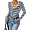 Zeagoo Womens Long Sleeve Shirts V-Neck Rib Knit Slim Fit Tops Casual Stretch Basic Tee Going Out Top Fall Fashion 2025(Navy White Stripe)